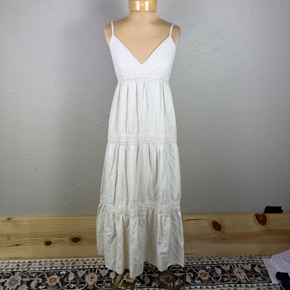 Sim & Sam Tiered Maxi Dress Cream Boho Cotton Linen Crochet Lace Natural Small